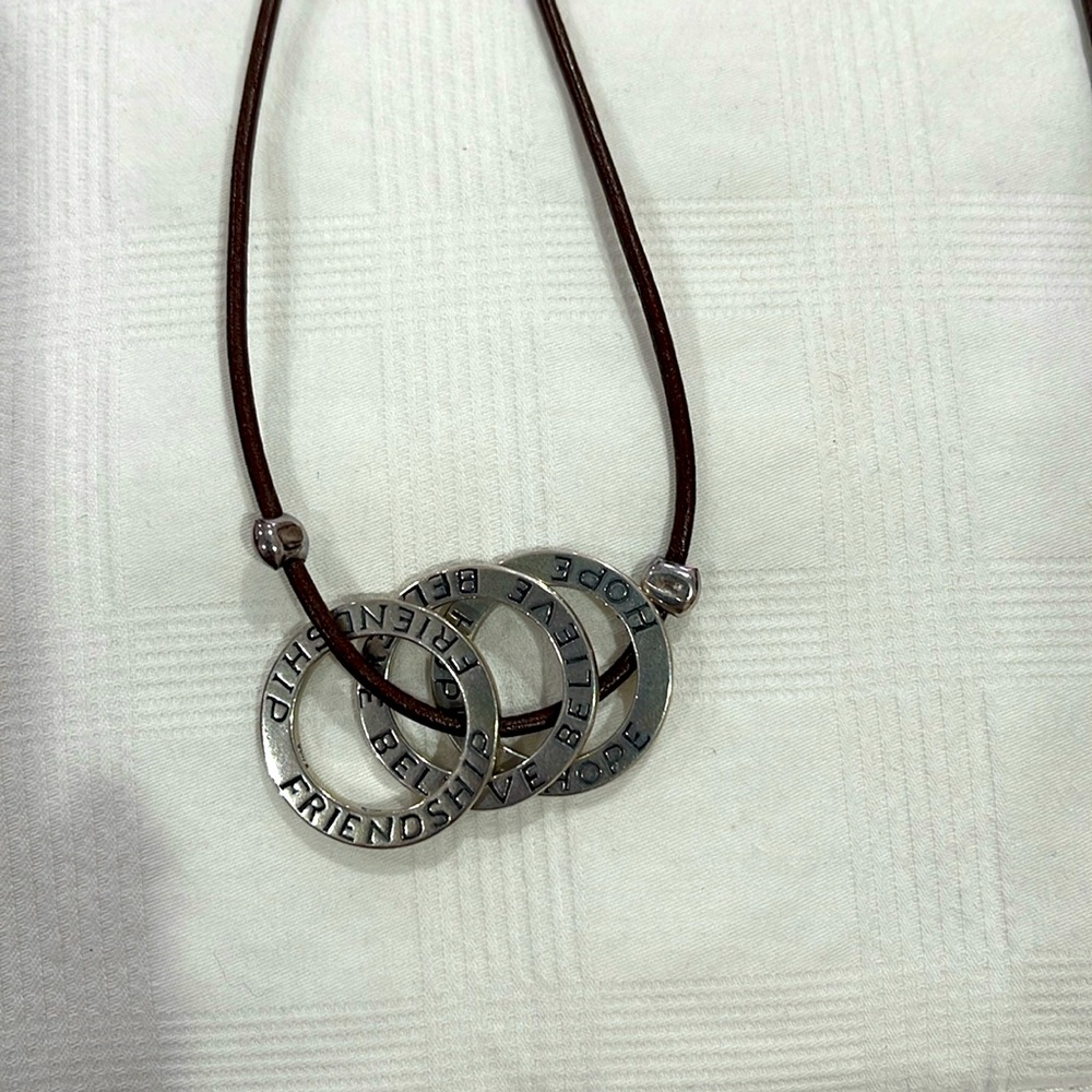 Silpada Sterling Silver & Leather Cord Necklace w/3 Sterling Silver Rings/Charms
